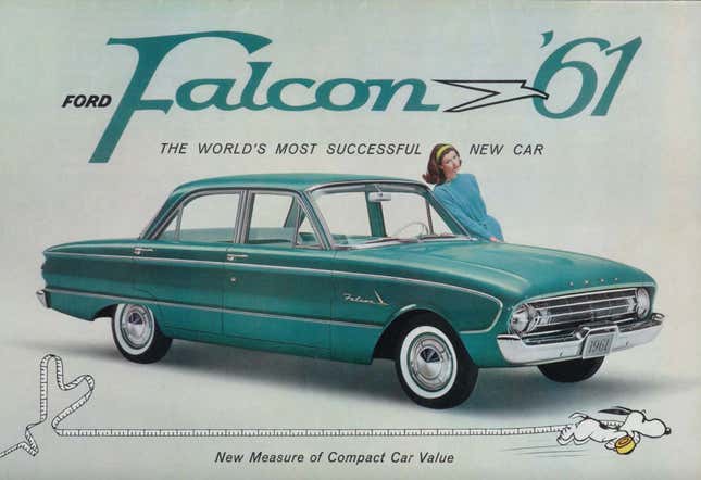 A woman leans against a teal 1961 Ford Falcon. Copy reads: Ford Falcon '61: The World's Most Successful New Car