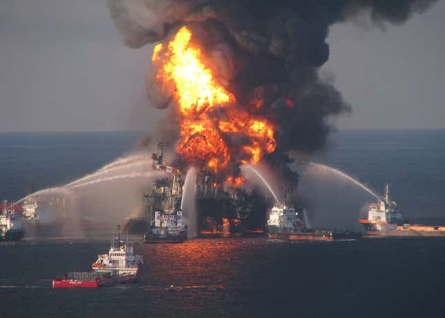 The now famous image of the US Coast Guard responding to the Deepwater Horizon explosion
