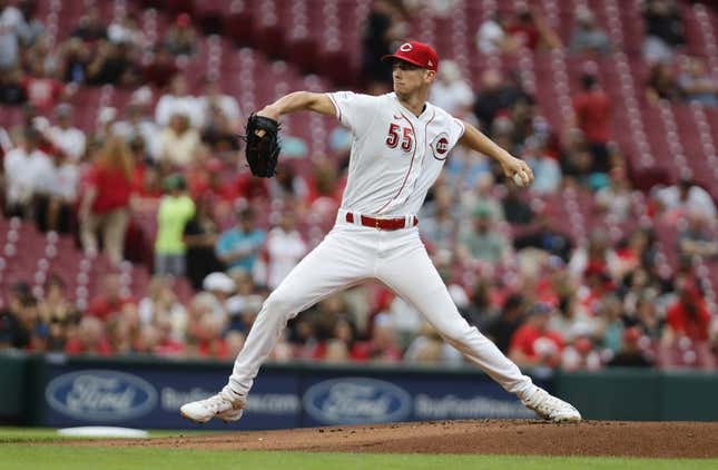 Aug 7, 2023; Cincinnati, Ohio, USA; Cincinnati Reds starting pitcher Brandon Williamson (55) throws against the Miami Marlins during the first inning at Great American Ball Park.