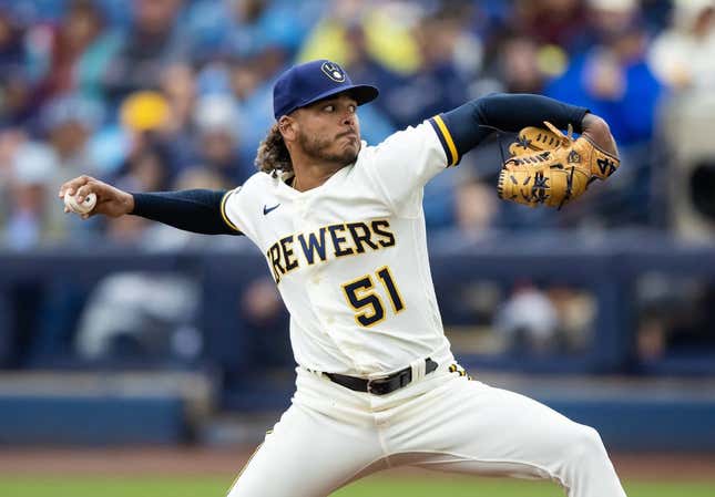 Mar 21, 2023; Phoenix, Arizona, USA; Milwaukee Brewers pitcher Freddy Peralta against the Chicago White Sox during a spring training game at American Family Fields of Phoenix.