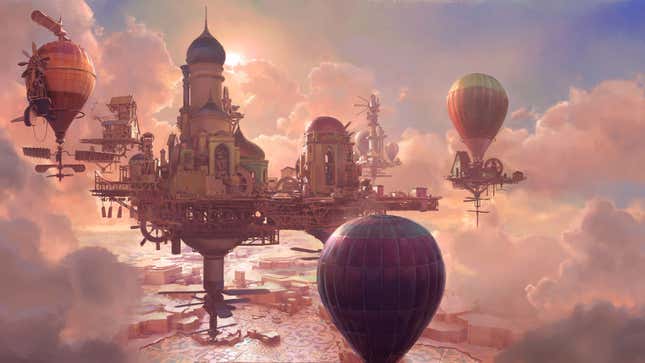 The sun sets on a floating city in Airborne Kingdom.