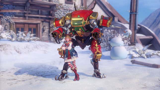 D.Va is seen wearing a holiday outfit and leaning on her mech, which is adorned in holiday decorations.