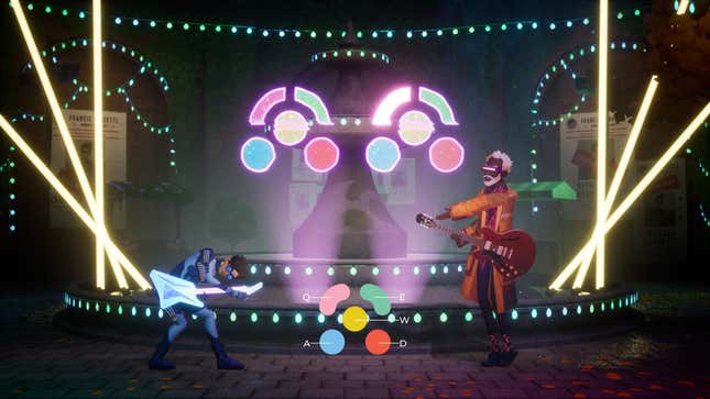 The Artful Escape's protagonist and another character, both wielding guitars, with colorful button prompts onscreen.