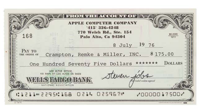Image for article titled $175 Check Signed by Steve Jobs in 1976 Is Up for Auction