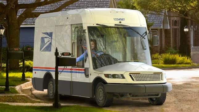 A rendering of the USPS next generation vehicle delivering mail on a suburban street.