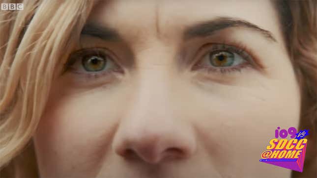 An extreme closeup of Doctor Who's Jodie Whittaker in absolute awe at what she's looking at. 