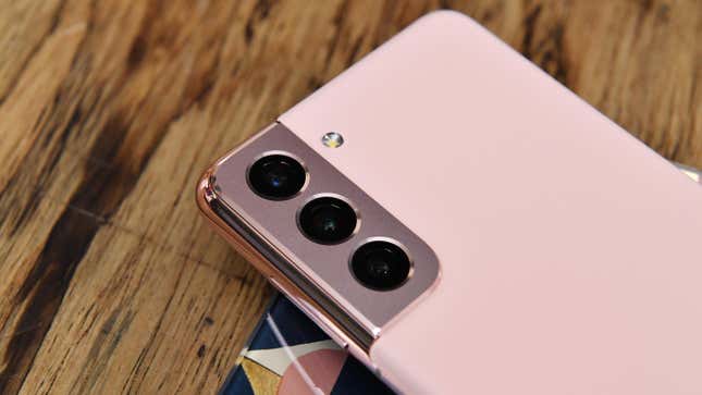 A photo of the rear camera module of a Galaxy S21 smartphone in pink