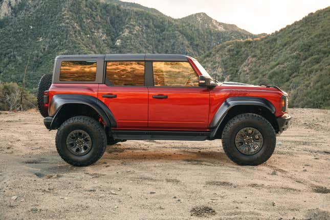 Side profile view of a red 2022 Ford Bronco Raptor