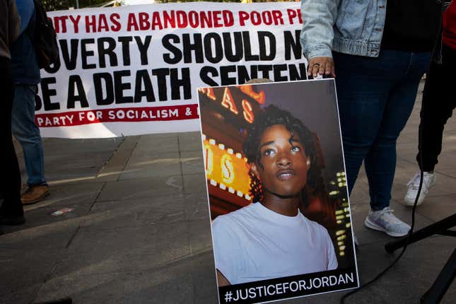 NEW YORK, NEW YORK - MAY 5: People attend a rally to protest the death of Jordan Neely, a homeless man who was choked to death on the subway, May 5, 2023