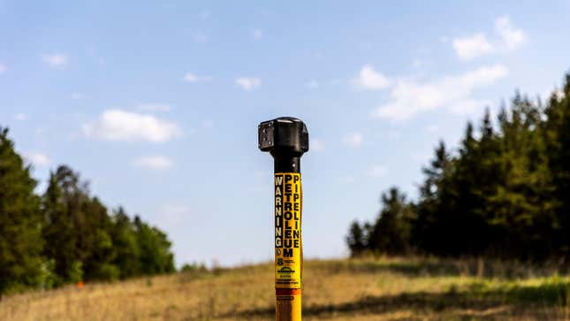 A marker for the Enbridge Line 3 pipeline is seen on the construction site in Park Rapids, Minnesota on June 6, 2021.