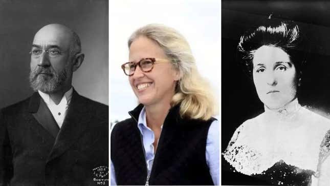 Wendy Rush, center, and her great-great-grandparents Isidor Straus, left, and  Ida Straus. 