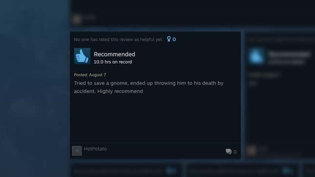 A positive review says: "Tried to save a gnome, ended up throwing him to his death by accident. Highly recommend."