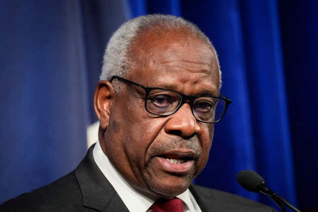 WASHINGTON, DC - OCTOBER 21: Associate Supreme Court Justice Clarence Thomas speaks at the Heritage Foundation on October 21, 2021, in Washington, DC.