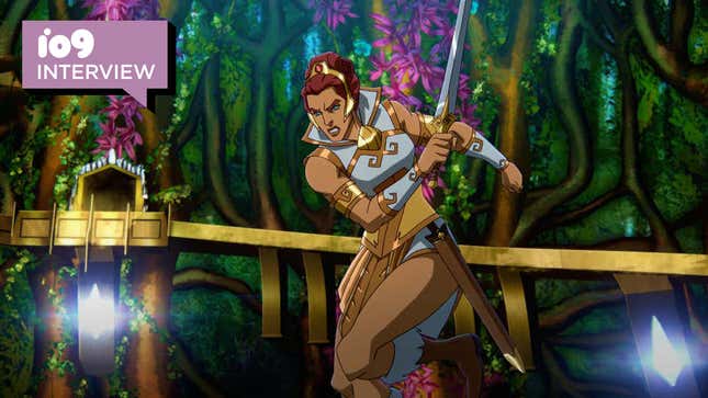 Masters of the Universe: Revelation's Teela has her sword raised during a fight and is wearing her crown and white armor.