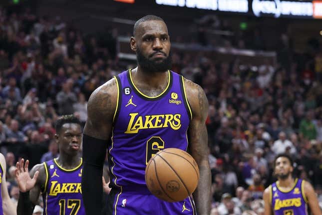 Apr 4, 2023; Salt Lake City, Utah, USA; Los Angeles Lakers forward LeBron James (6) reacts to being called for a foul against the Utah Jazz in the last minute of the fourth quarter at Vivint Arena.