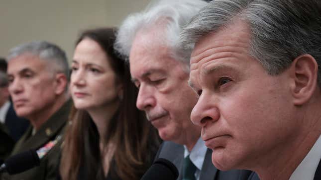 Director Christopher Wray testifies during a House Select Committee on Intelligence hearing concerning worldwide threats, on Capitol Hill March 9, 2023 in Washington, DC. The leaders of US intelligence agencies testified on a wide range of issues, including China, Russia, Covid-19 origins, and TikTok.