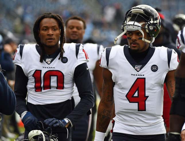 Dec 15, 2019; Nashville, TN, USA; Houston Texans quarterback Deshaun Watson (4) and Houston Texans wide receiver DeAndre Hopkins (10) walk off the field after warmups before the game against the Tennessee Titans at Nissan Stadium.