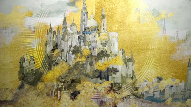 Art showing a medieval castle set against a yellow background.