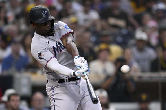 Aug 22, 2023; San Diego, California, USA; Miami Marlins designated hitter Jorge Soler (12) hits a home run against the San Diego Padres during the third inning at Petco Park.