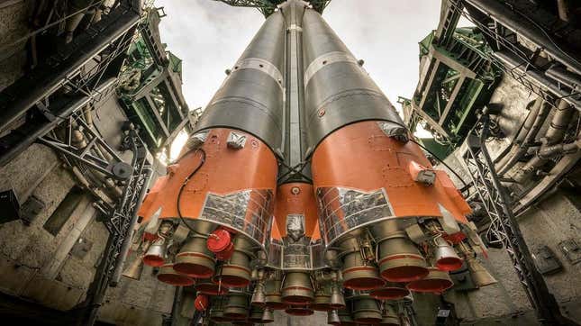 The Soyuz rocket at the launch pad at Site 31 at the Baikonur Cosmodrome in Kazakhstan.