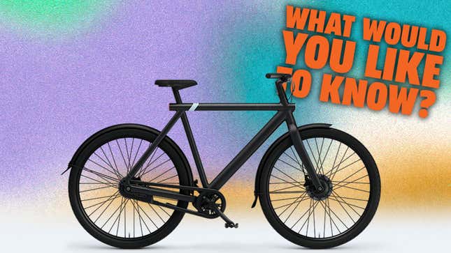 A photo of a VanMoof E-Bike on a colorful background with the caption "What would you like to know?" 