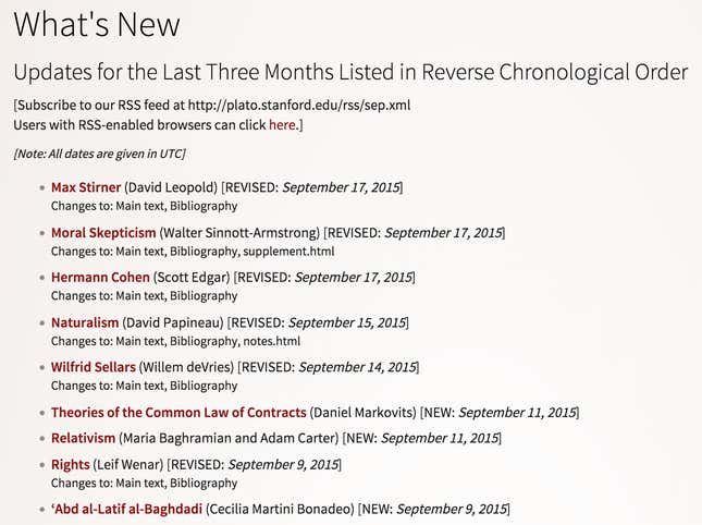 Screenshot of the SEP's What's New page