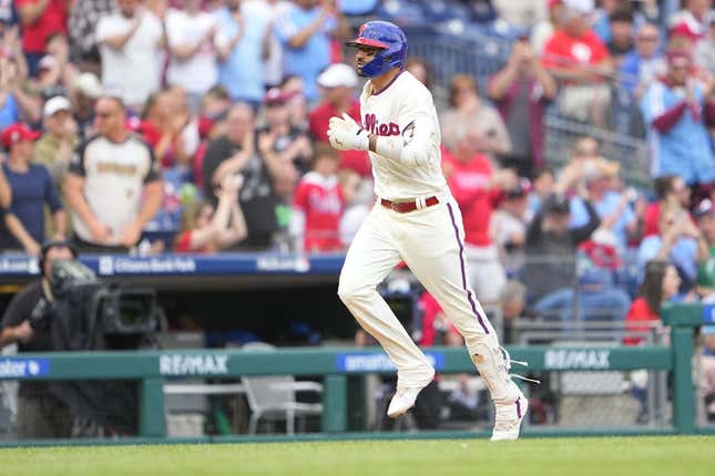 Apr 22, 2023; Philadelphia, Pennsylvania, USA;  Philadelphia Phillies right fielder Nick Castellanos (8) rounds the bases after hitting a home run against the Colorado Rockies during the second inning at Citizens Bank Park.
