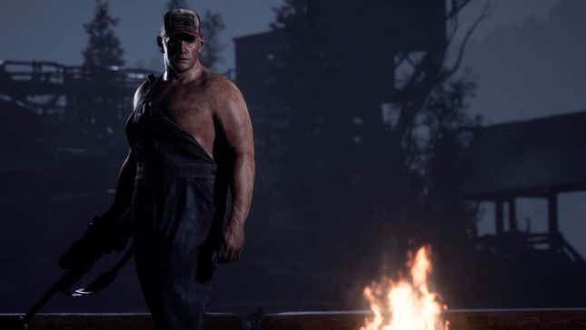 A man with a gun stands in front of the campfire in The Quarry.