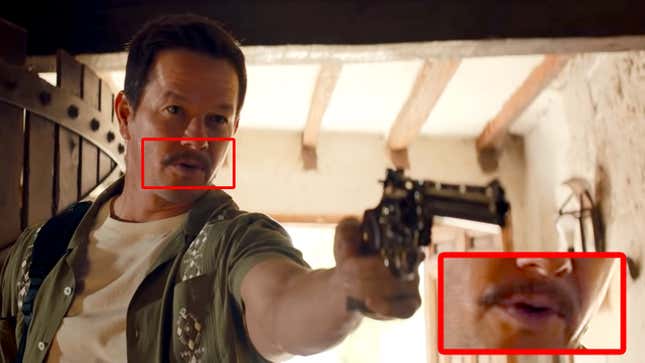 Mark Wahlberg stands at the threshold of a doorway brandishing a revolver and a thin mustache.