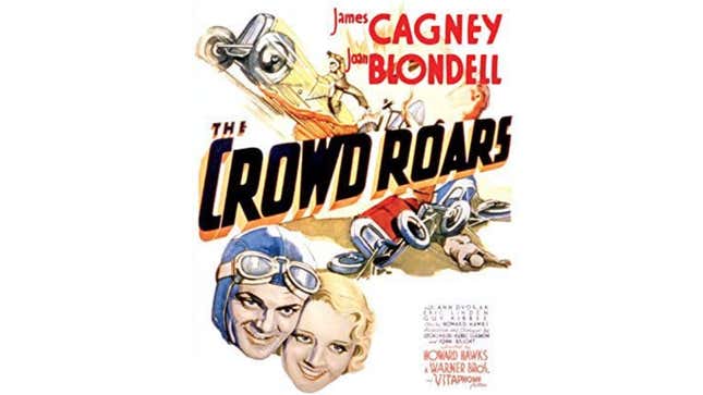 Poster from film The Crowd Roars with the faces of the blonde-bobbed Joan Blondell and James Cagney in a leather helmet with goggles... complete with crashed old race cars with fire and bodies