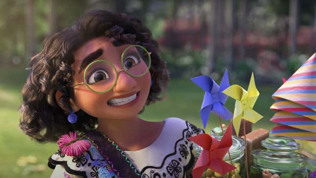A character from Disney's Colombian animated musical Encanto. She's wearing glasses, smiling awkwardly and holding paper flowers and jars.