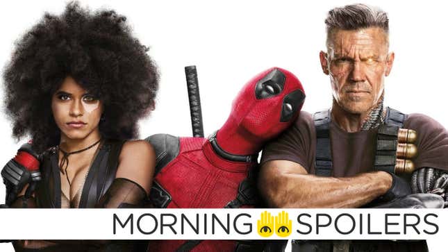 Zazie Beetz as Domino has Ryan Reynolds' Deadpool's arm around her while he rests his head on Josh Brolin's Cable's shoulder.