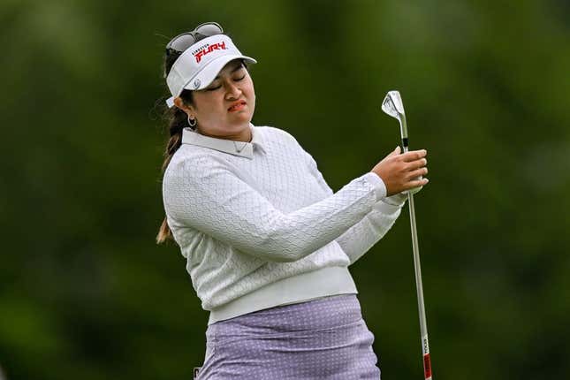 Jun 23, 2023; Springfield, New Jersey, USA; Lilia Vu reacts after playing a shot on the 4th hole during the second round of the KPMG Women&#39;s PGA Championship golf tournament.