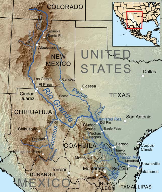 The Rio Grande rises in south-central Colorado and flows 1,885 miles to the Gulf of Mexico. (Source: Kmusser, CC BY-SA via The Conversation)