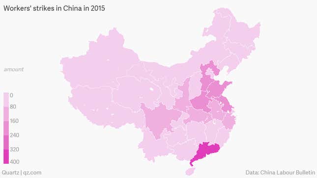 Image for article titled China has seen a 13-fold increase in labor strikes and protests since 2011—and it’s cracking down