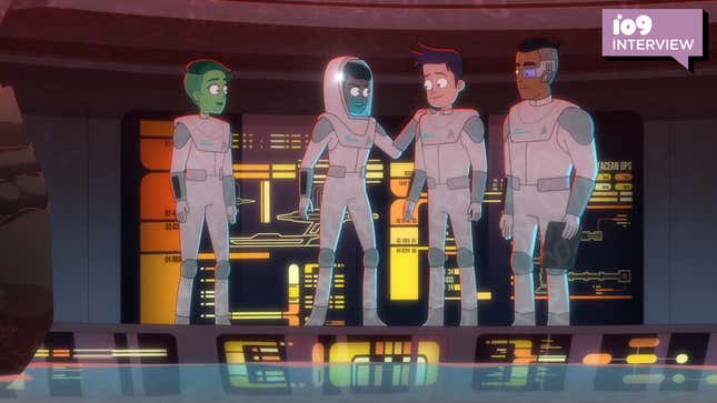 The animated Ensigns Tendi, Mariner, Boimler, and Ruthorford, wearing EVA suits in Star Trek: Lower Decks.