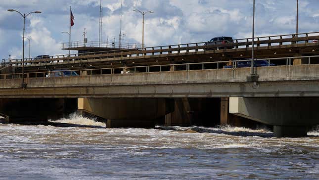 The Ross Barnett Reservoir spillway is releasing a controlled amount of flood water into the Pearl River