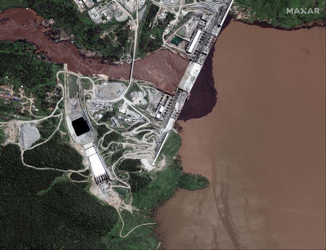 A handout satellite image of the Grand Ethiopian Renaissance Dam (GERD) and the Blue Nile River in Ethiopia July 12, 2020.