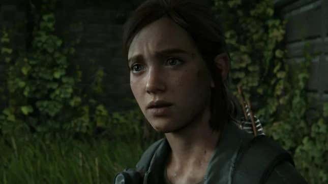 The Last of Us 2's Ellie looking out into the wilderness in concern. 