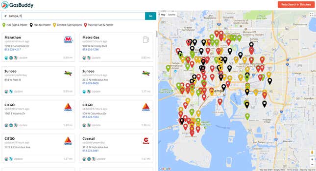 GasBuddy’s tracker site for fuel outages near Tampa, Florida.