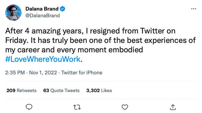 A screenshot of a tweet by Dalana Brand announcing her resignation from Twitter.