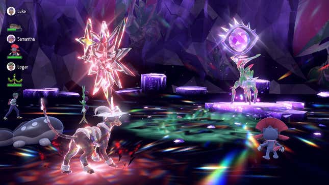 A Houndoom, Clodsire, Weavile, and Arboliva are seen fighting Iron Leaves in a tera raid den.