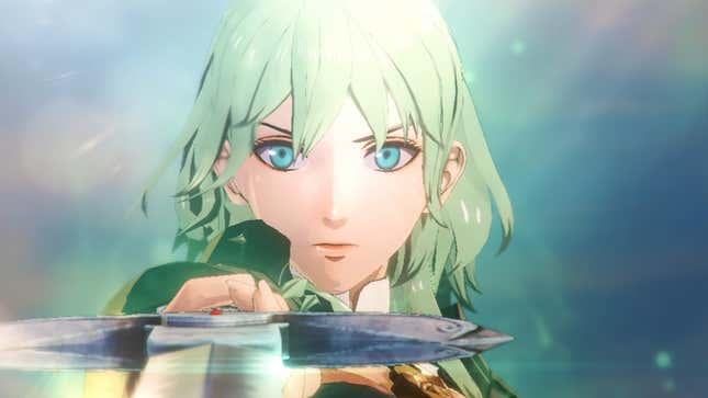 Byleth points a sword in Fire Emblem Warriors: Three Houses.