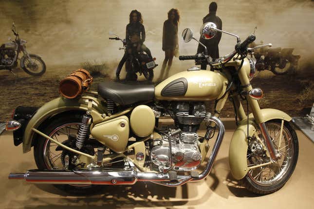 A 2011 mono cylinder, Indian made Royal Enfield, is presented at the Paris Motorbike Show.