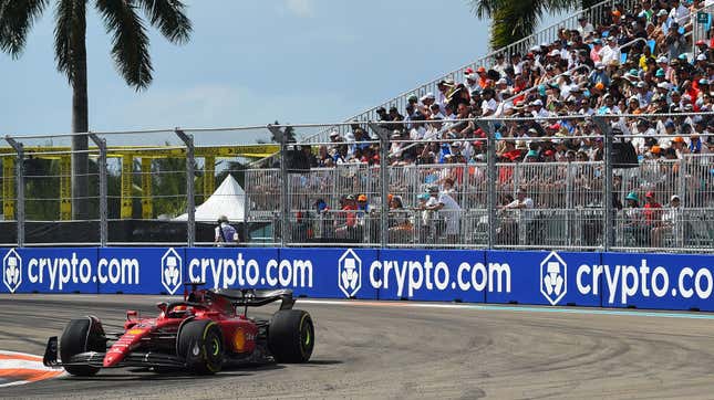 Ferrari’s Charles Leclerc in front of a packed grandstand at the Miami Grand Prix