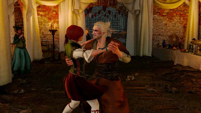 Geralt of Rivia dances with a woman in a DLC for The Witcher 3: Wild Hunt.