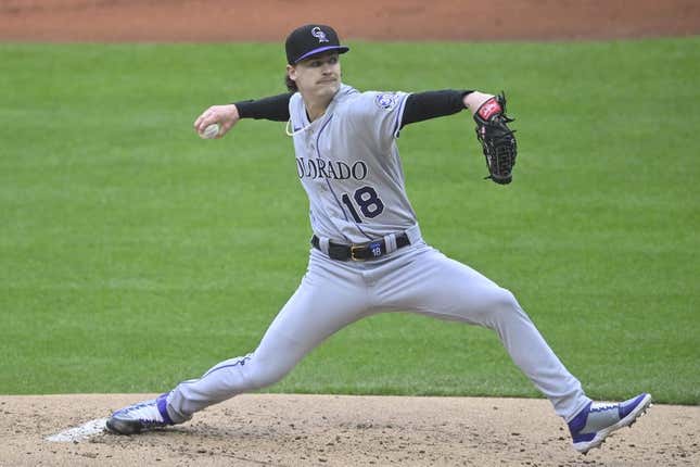 Apr 25, 2023; Cleveland, Ohio, USA; Colorado Rockies starting pitcher Ryan Feltner (18) delivers during the first inning against the Cleveland Guardians at Progressive Field.