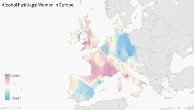 Image for article titled Mapping who drinks wine or beer in Europe, by tweets
