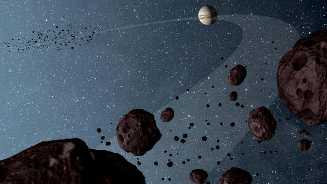 An illustration of the Trojan asteroids around Jupiter.