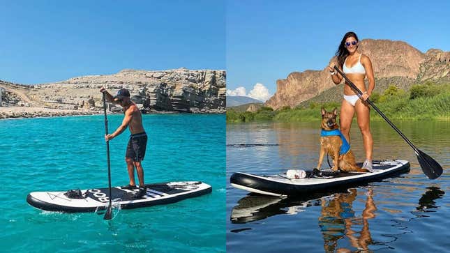 A man on one paddle board and a woman with a dog on a separate one. 